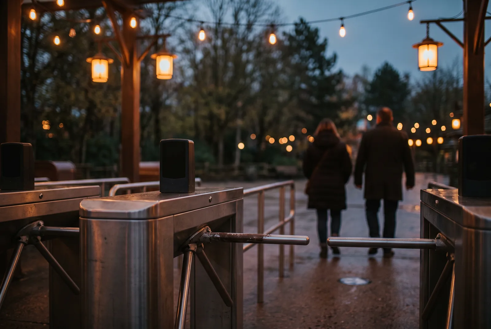 A row of theme-park entrance turnstiles at dusk with warm lamps overhead, seen from behind a few guests walking in, no faces visible.