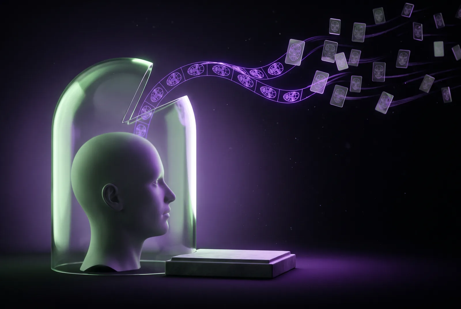 A grey head silhouette enclosed in a glowing green glass dome that is open at the top, with a stream of purple facial-geometry mesh escaping through the gap and unspooling into dozens of small floating face tiles receding into the dark.
