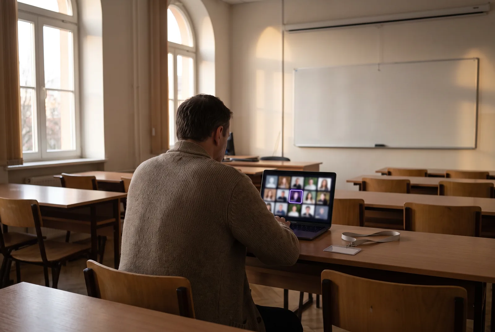 An empty classroom after hours. A teacher seen from behind sits at the front desk with a laptop showing blurred portrait thumbnails, one outlined in violet. A blank lanyard lies on the desk.