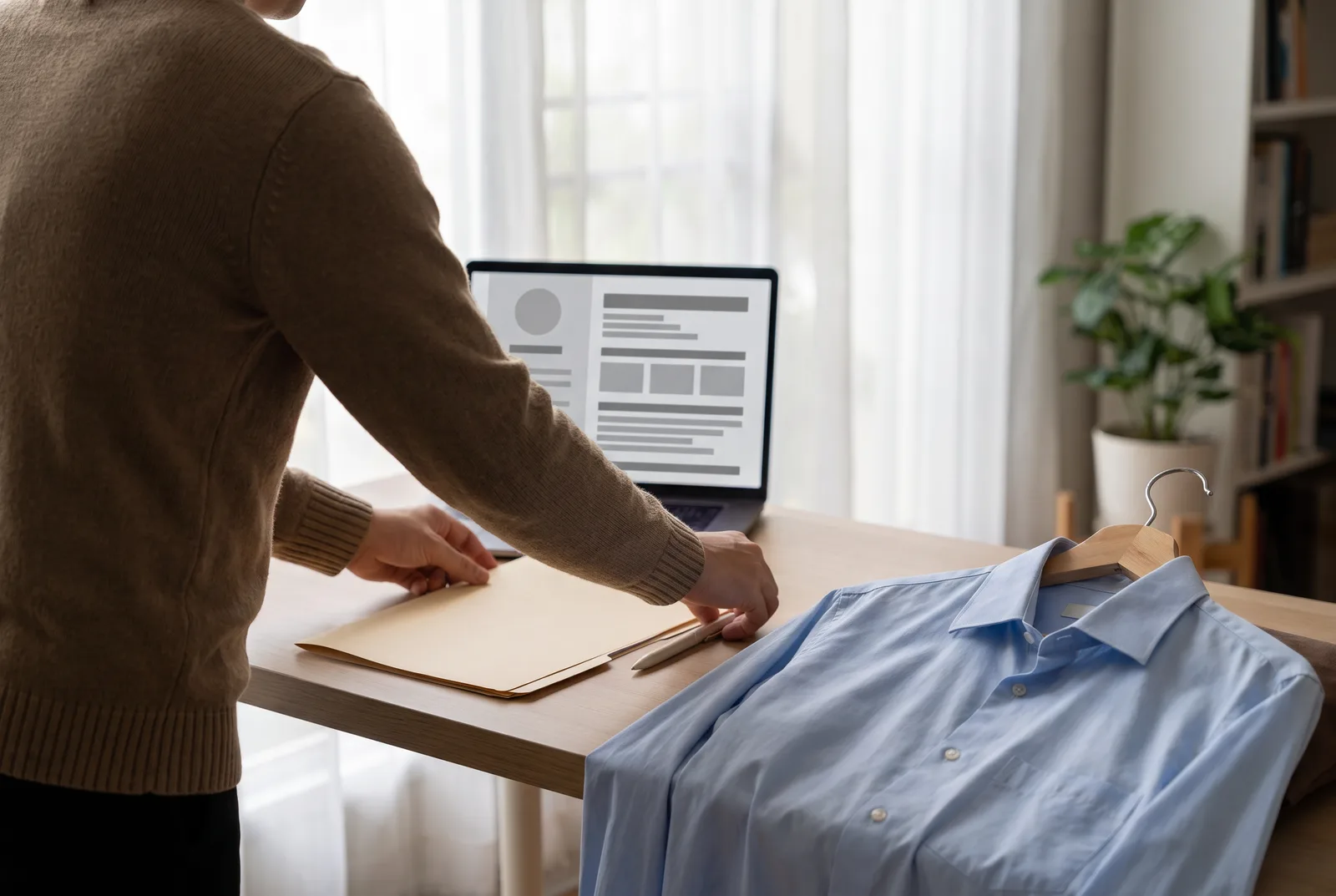 A tidy desk by a window with a laptop showing a plain CV layout, a folder and pen beside it, a pressed shirt on a hanger over the chair, and a person seen from behind straightening the folder.