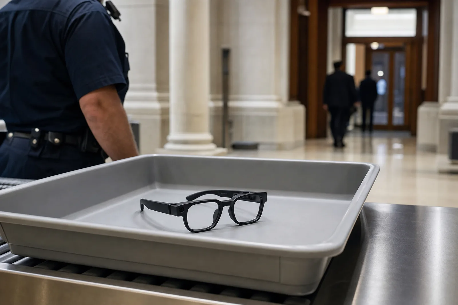 A grey plastic tray on a stainless steel screening table inside a stone-floored public building, holding a single pair of thick-rimmed black smart glasses with a small camera lens at one corner. A uniformed guard stands out of focus at the edge of the frame.