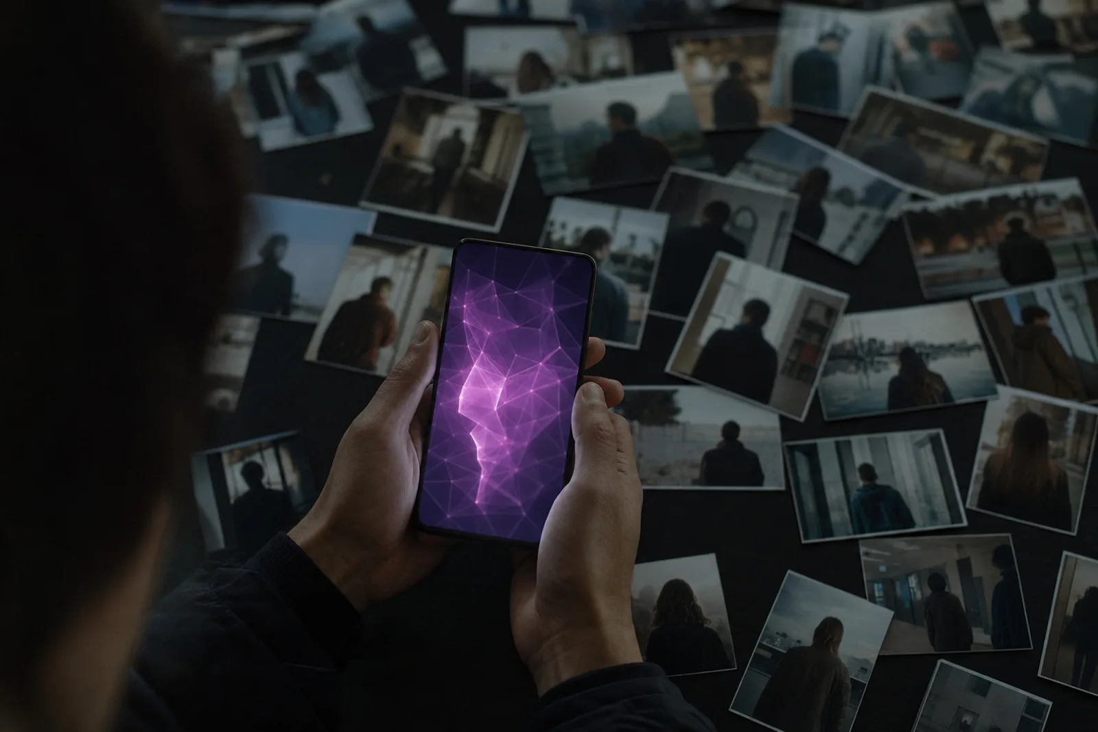 Overhead view of a person holding a phone in a dim room. The screen glows violet with an abstract geometric facial-scan pattern, its light contained almost entirely within the handset. Spread across the surface all around it lie dozens of printed photographs of anonymous people, lit separately by flat ambient light.
