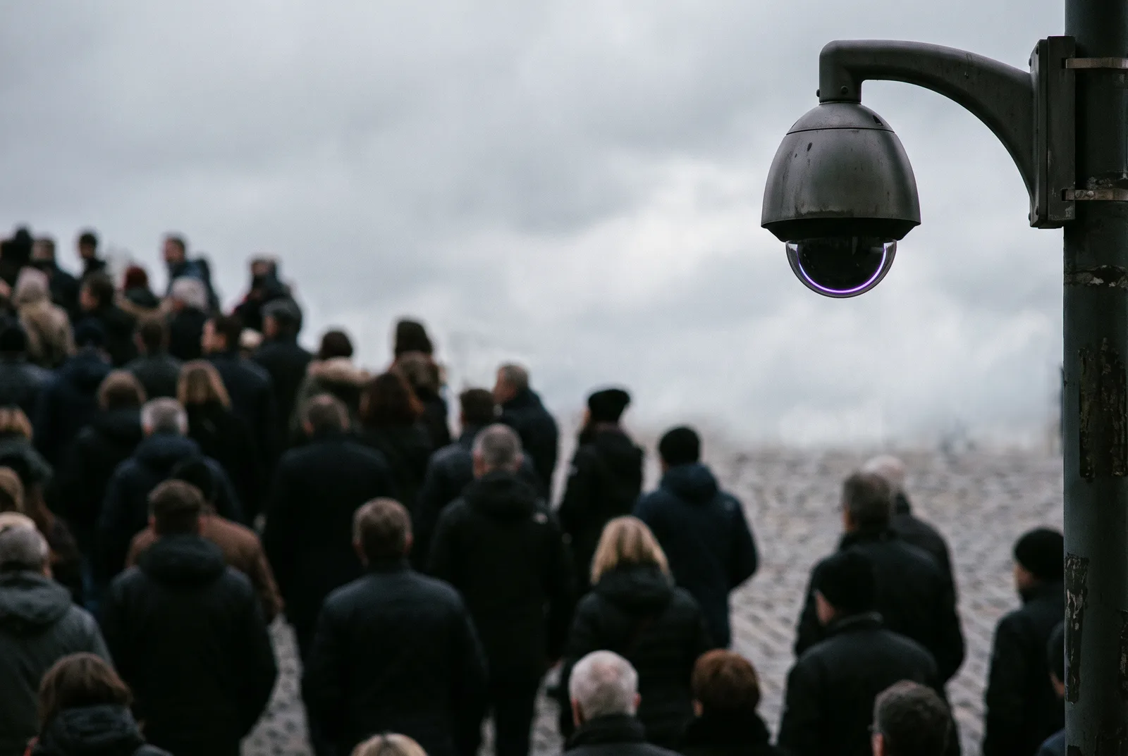 A large crowd in a city square seen from behind, with a camera on a lamppost angled down at them, a thin violet ring of light around its lens.