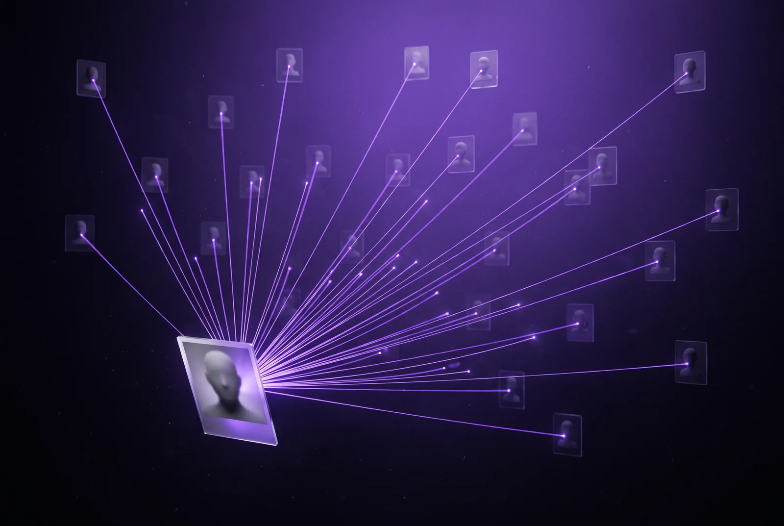 A single small photograph floating in a dark void, with thin purple threads of light running from it outward to dozens of distant glowing points, each one another place the same face appears.