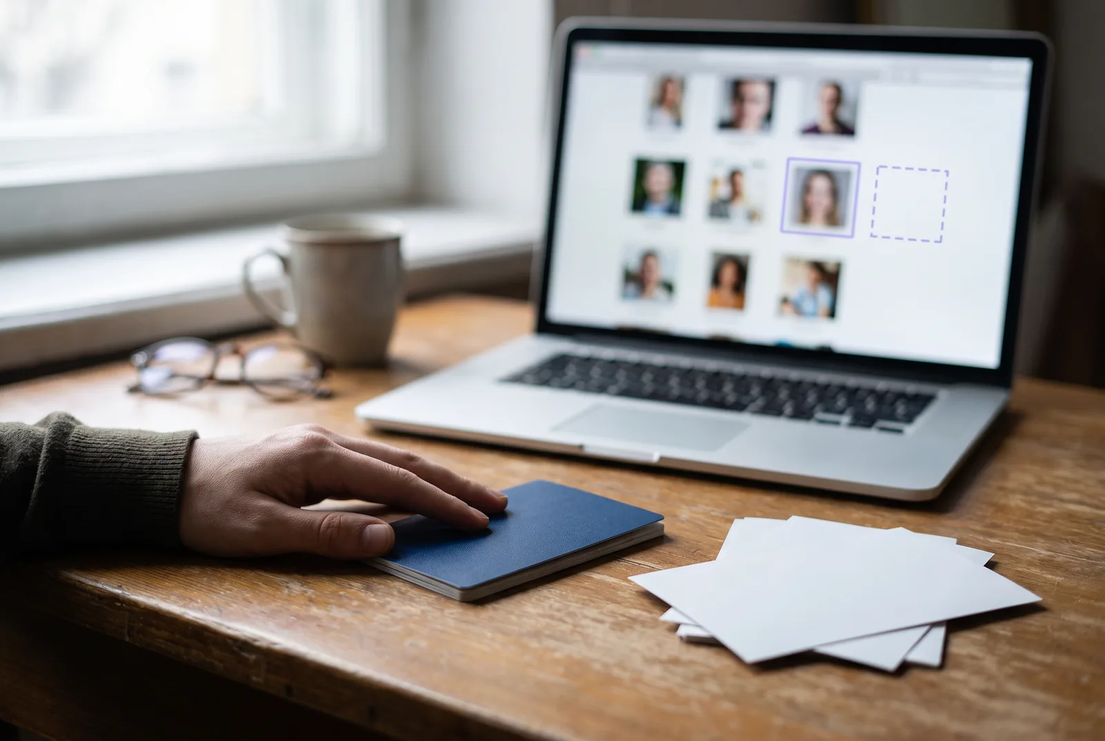 A desk with a closed passport, a stack of photo prints turned face down, and a laptop showing a grid of blurred portrait thumbnails with one tile framed in violet beside an upload box.