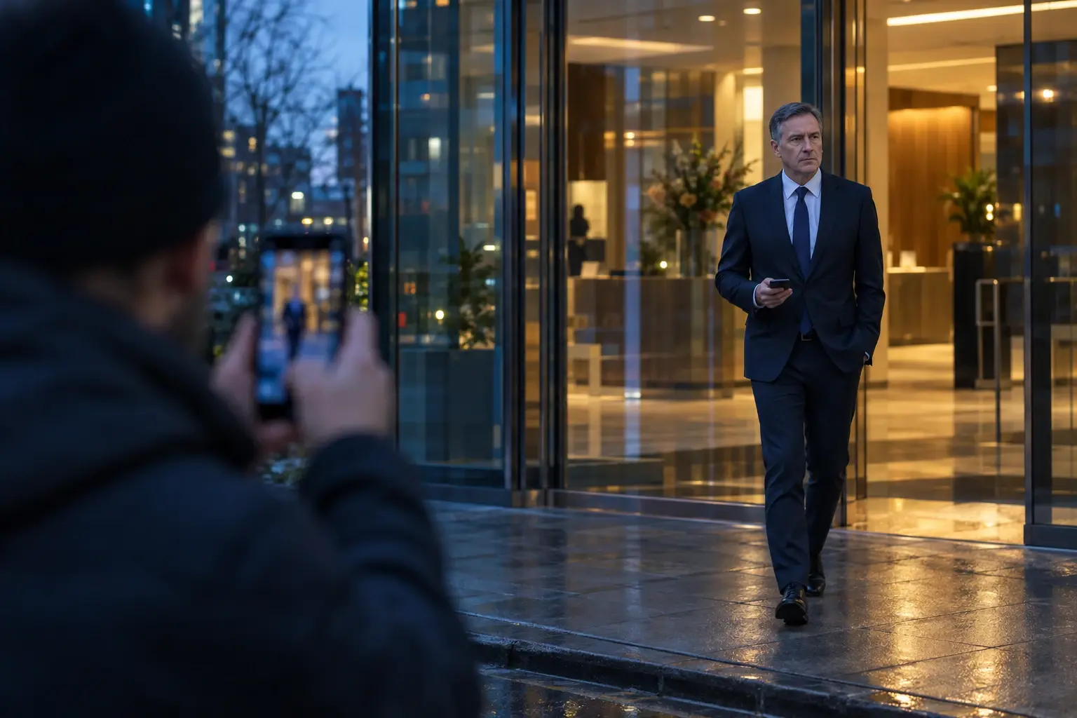A man in his fifties in a dark suit walks out of a glass office lobby at dusk with his phone in hand, while a stranger across the street, out of focus in the foreground, points a smartphone at him.