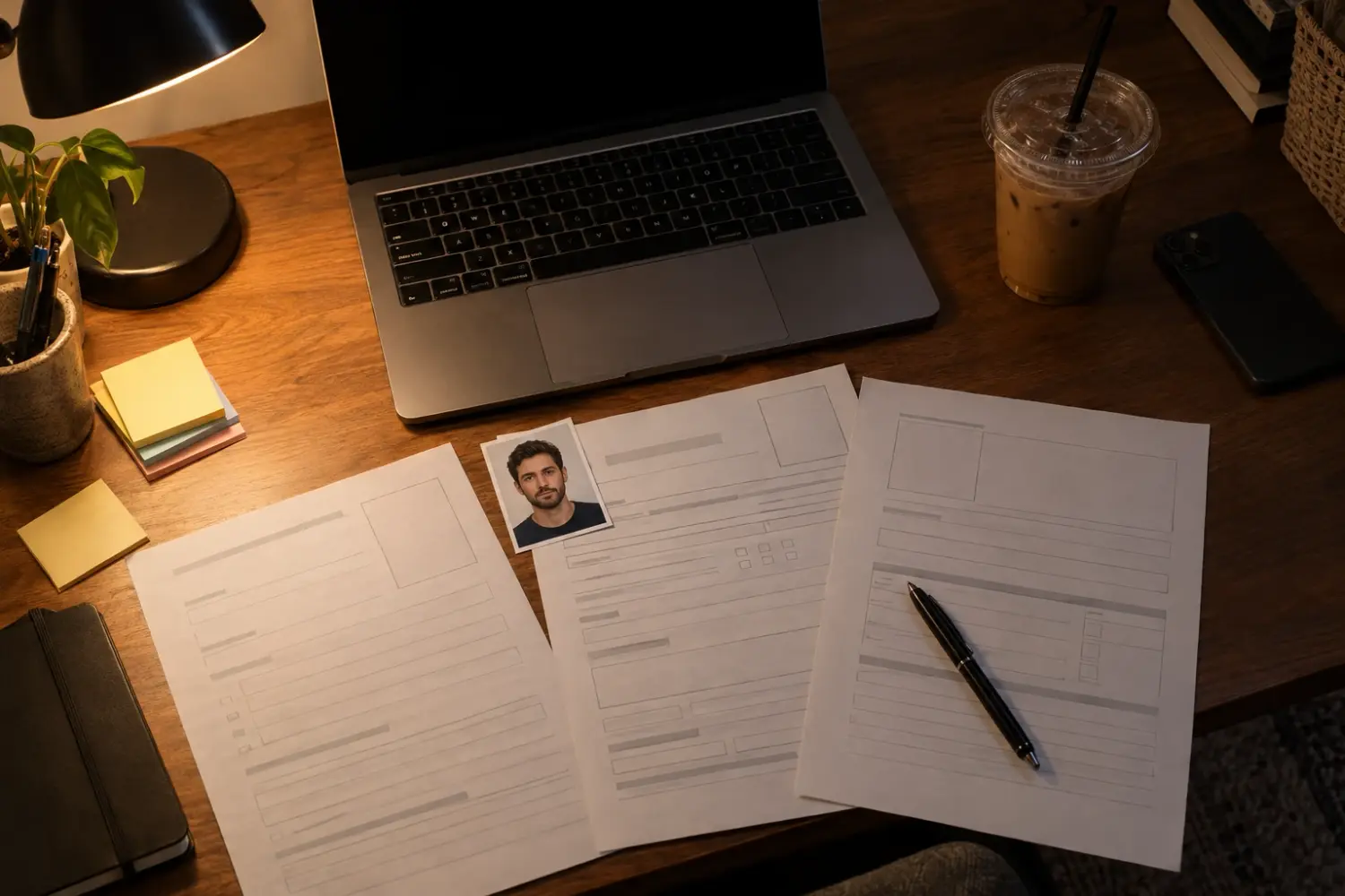 A cluttered home desk at night with a laptop, several blank printed forms, a cut-out passport-style photo of a man, sticky notes, a pen and a cold coffee.