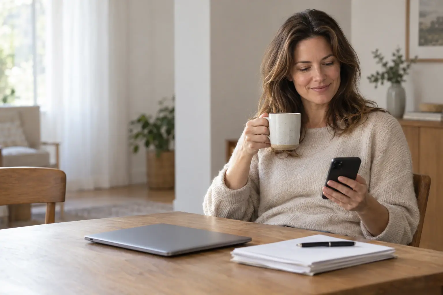 A woman in her forties sits at a dining table in morning light with a coffee, calmly checking her phone beside a closed laptop and a small stack of papers.