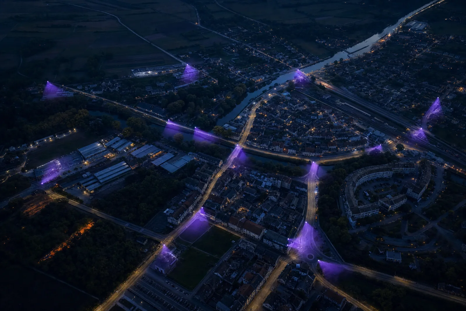 An aerial view of a small town at dusk, its road network in muted blue-grey. A dozen small violet points of light sit at junctions, each casting a narrow cone along one approach road. Some routes fall inside the cones; others run entirely through unlit gaps.