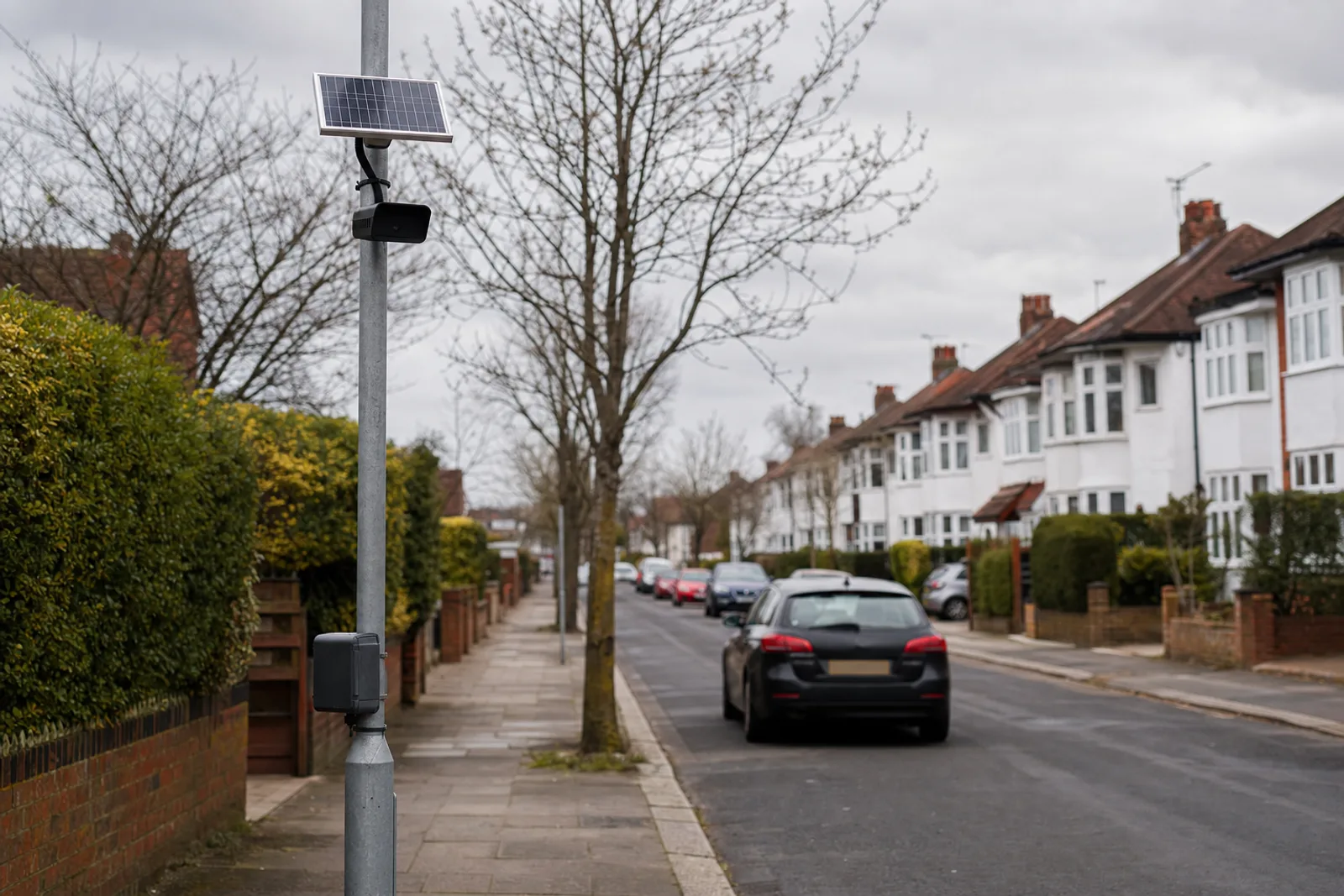 A small dark camera housing mounted partway up a slim metal pole on a residential street, with a compact solar panel above it and a sealed battery box lower down. Beyond it, a quiet road of terraced houses and parked cars under an overcast sky.