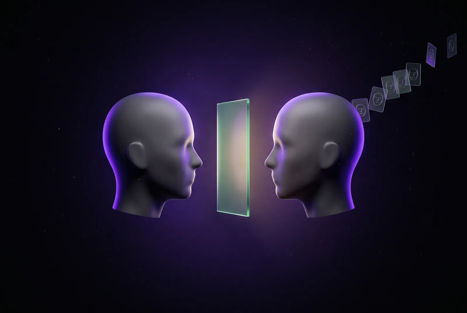 Two stylized head silhouettes facing each other across a small gap, with a translucent green-lit glass gate standing open between them, and a thin orderly stream of face-tile cards drifting away behind.