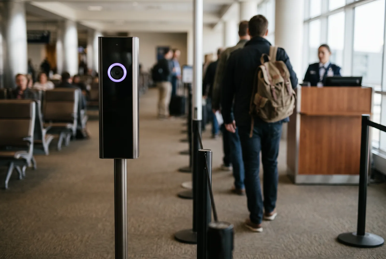 An airport boarding area with two lanes: one past a camera kiosk with a glowing violet lens, one to a staffed desk. A traveller seen from behind steps into the desk lane.