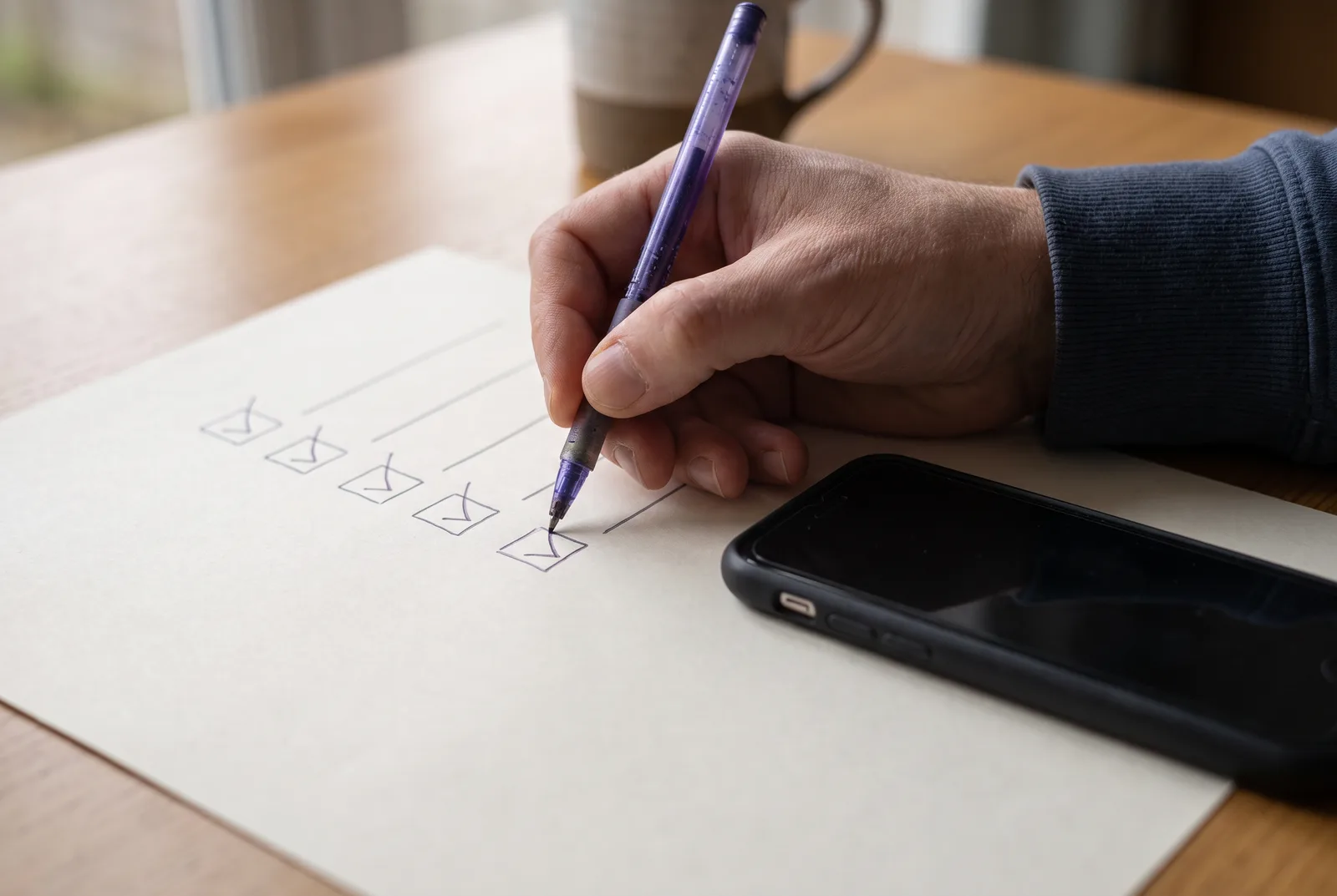 A hand with a violet pen ticking the fifth of a column of hand-drawn checkboxes on a sheet of paper, several boxes below still empty, a phone lying face down beside it.