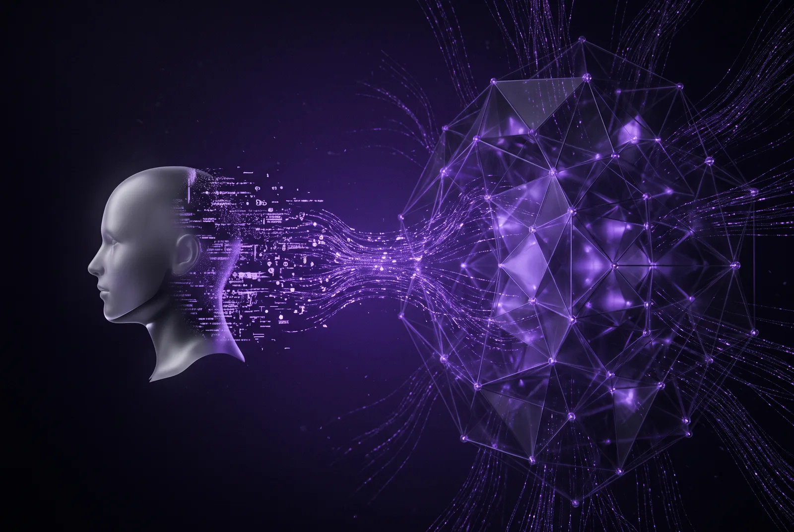A stylized grey head in profile dissolving at its edge into a stream of glowing purple particles that flow rightward into a vast crystalline lattice of connected nodes, with other faint streams entering from off-frame.