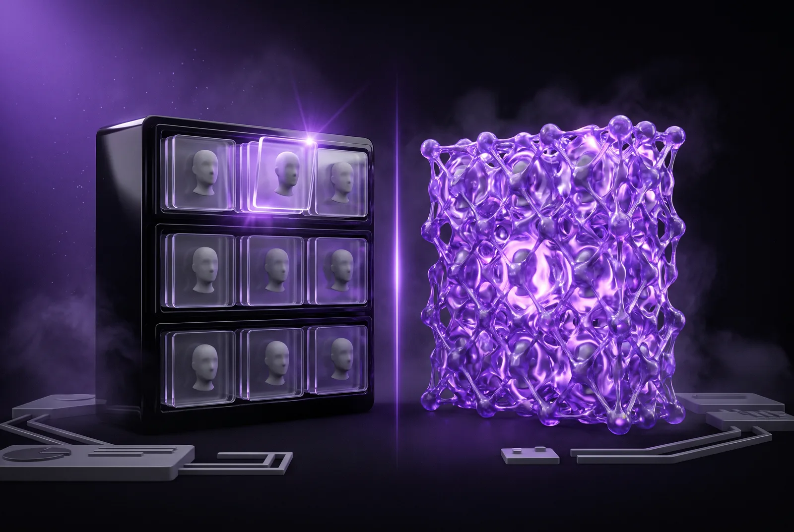 Split composition: on the left a glossy black cabinet of neat retrievable face cards with one pulled forward and lit; on the right a dense fused crystalline lattice with no individual pieces visible.