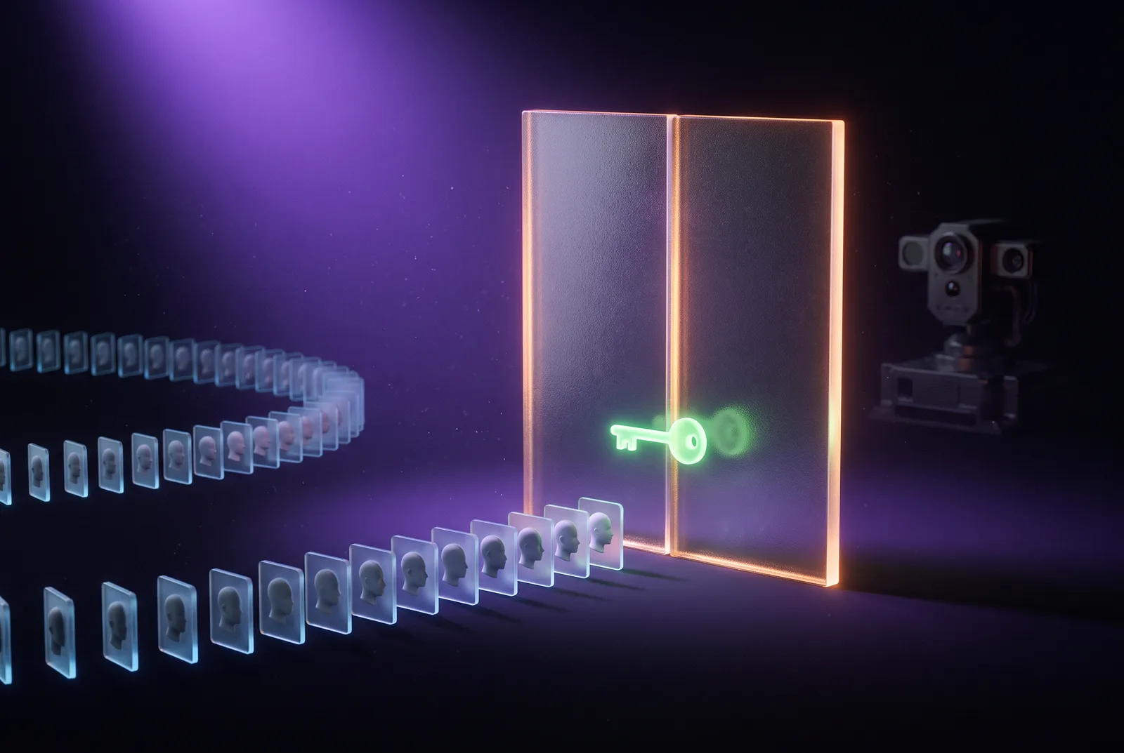 A queue of glassy face-tile cards waiting outside a closed amber-lit gate, with a single green key of light hovering in front and an idle scanner beyond.