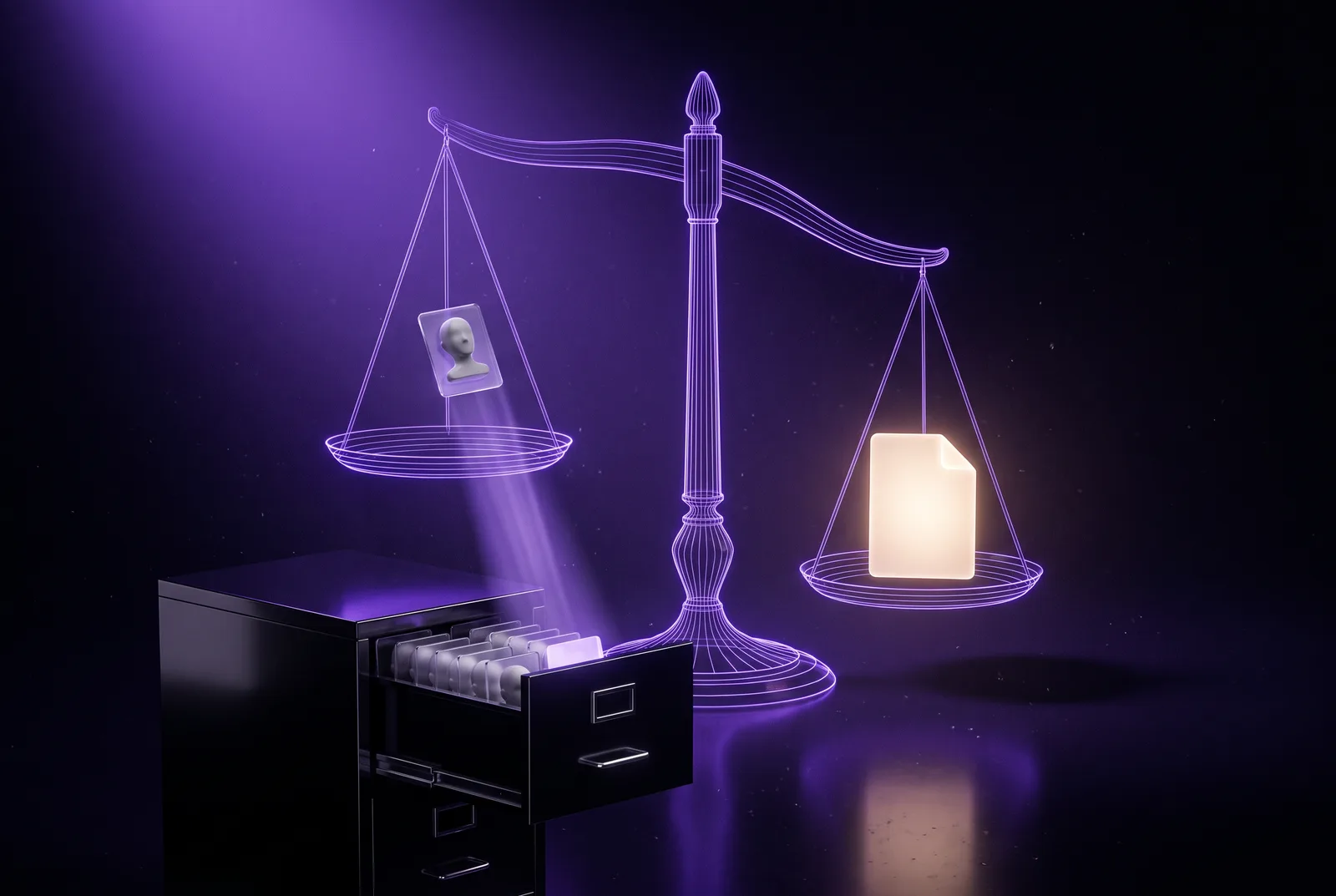 A glowing scale of justice lifting a single face-tile card out of a dark filing drawer full of them, leaving an empty slot behind.