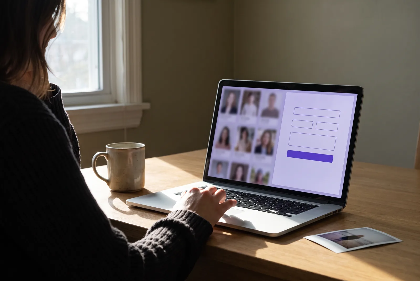 A person at a sunlit kitchen table working on a laptop that shows a grid of blurred portrait thumbnails and a violet form panel. A printed photo lies face down beside it.