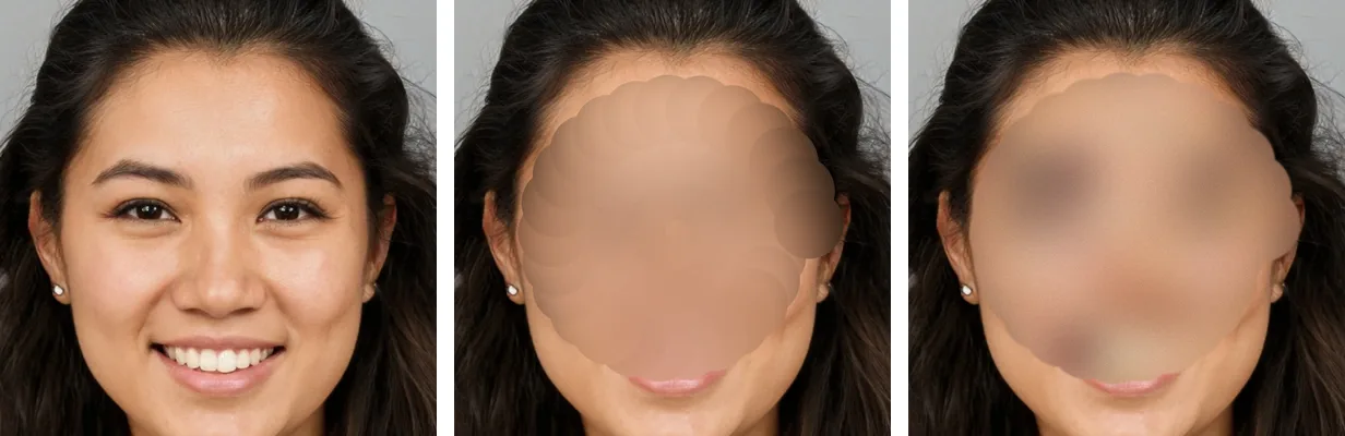 Three copies of the same portrait side by side: the original photo, the face covered with a standard blur, and the face covered with Shield blur, a soft blur that keeps the shape of the face but no detail.