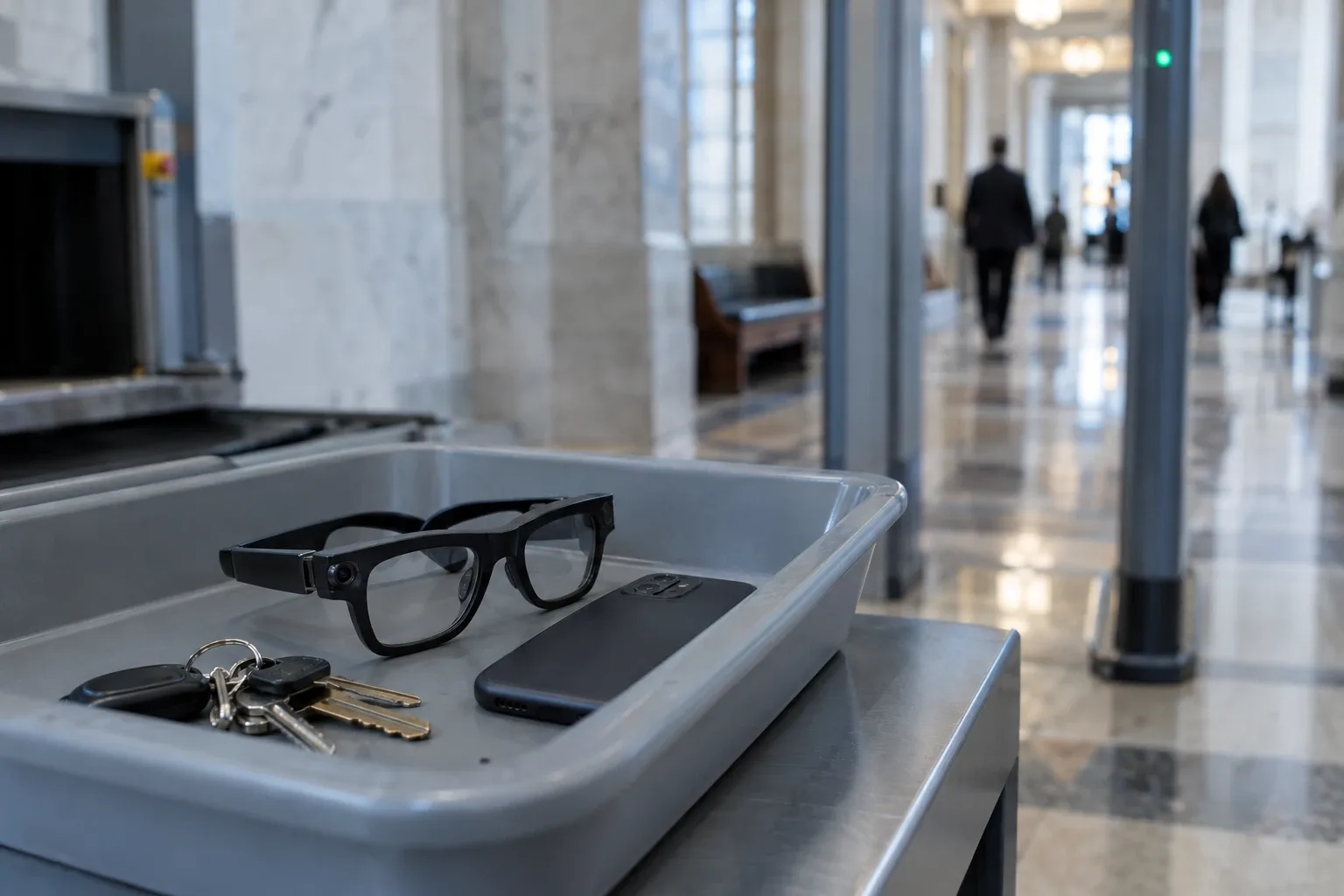 A pair of camera glasses resting in a small grey plastic tray on a security checkpoint table, beside a set of keys and a phone, with an out-of-focus corridor behind.