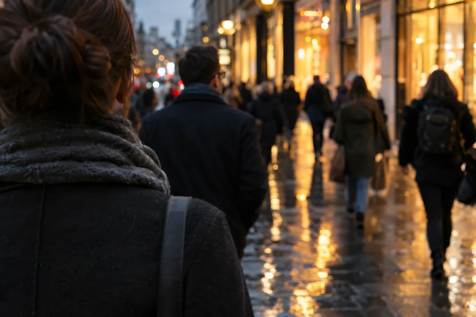 A busy city pavement at dusk seen from behind a pedestrian, with blurred passers-by and shop lights ahead.