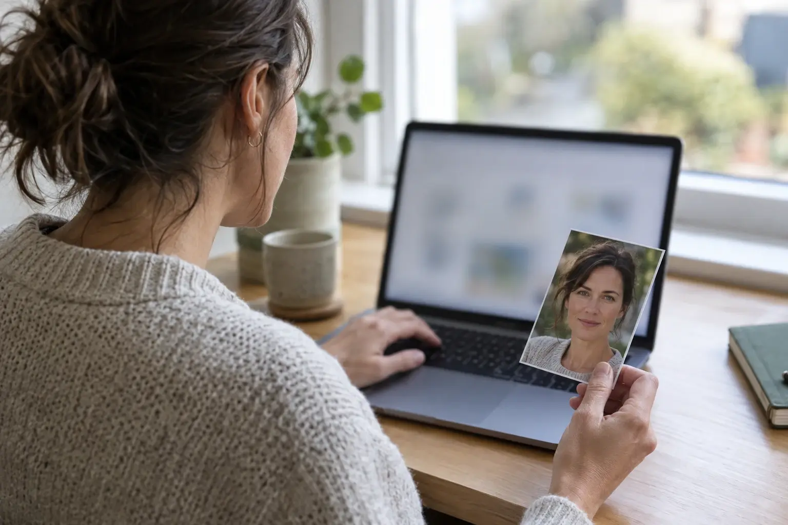 A woman in her late thirties at a desk by a window fills something in on a laptop while holding a printed photo of her own face.