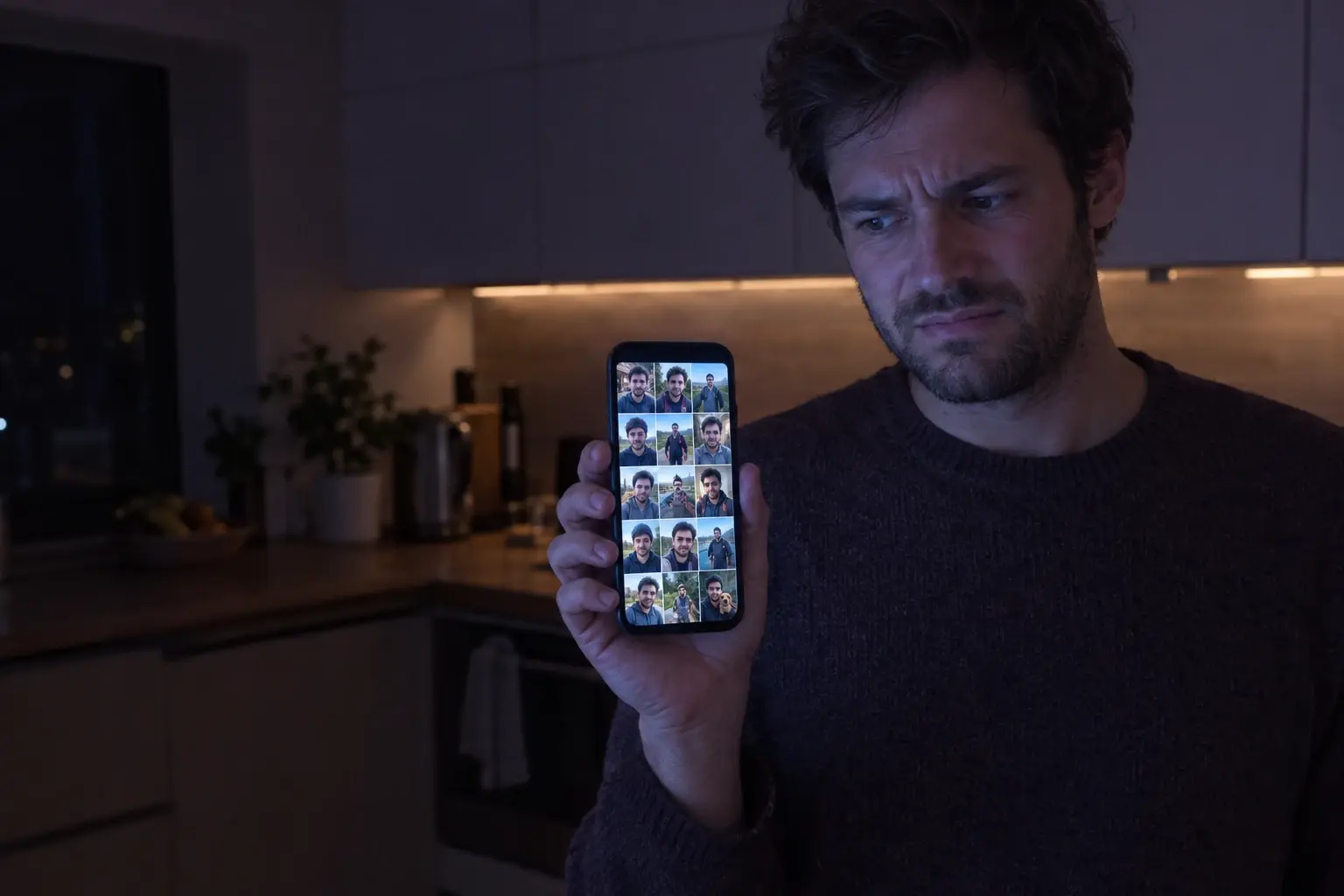 A man in his early thirties stands at a kitchen counter at night, frowning at his phone. The screen shows a grid of small photos of his own face in different everyday settings.