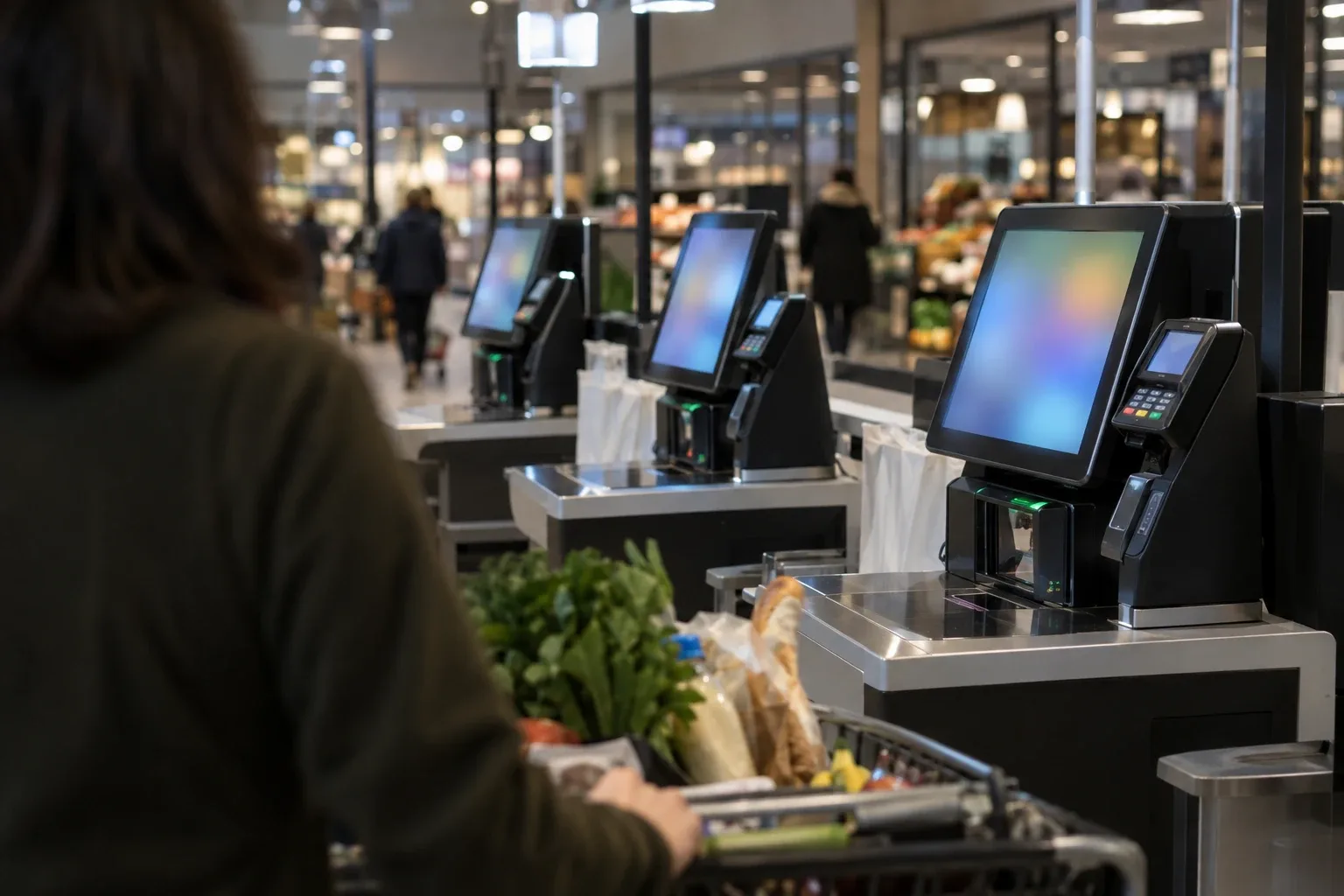 A row of self-service checkouts in a supermarket seen from behind a shopper with a trolley, the shopper and the store out of focus.