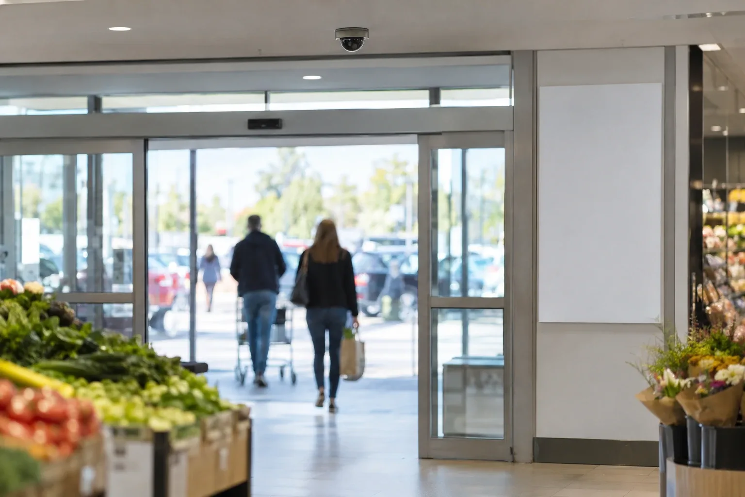 The glass entrance of a supermarket seen from inside, with a small dark camera dome mounted above the automatic doors and shoppers out of focus in the doorway.
