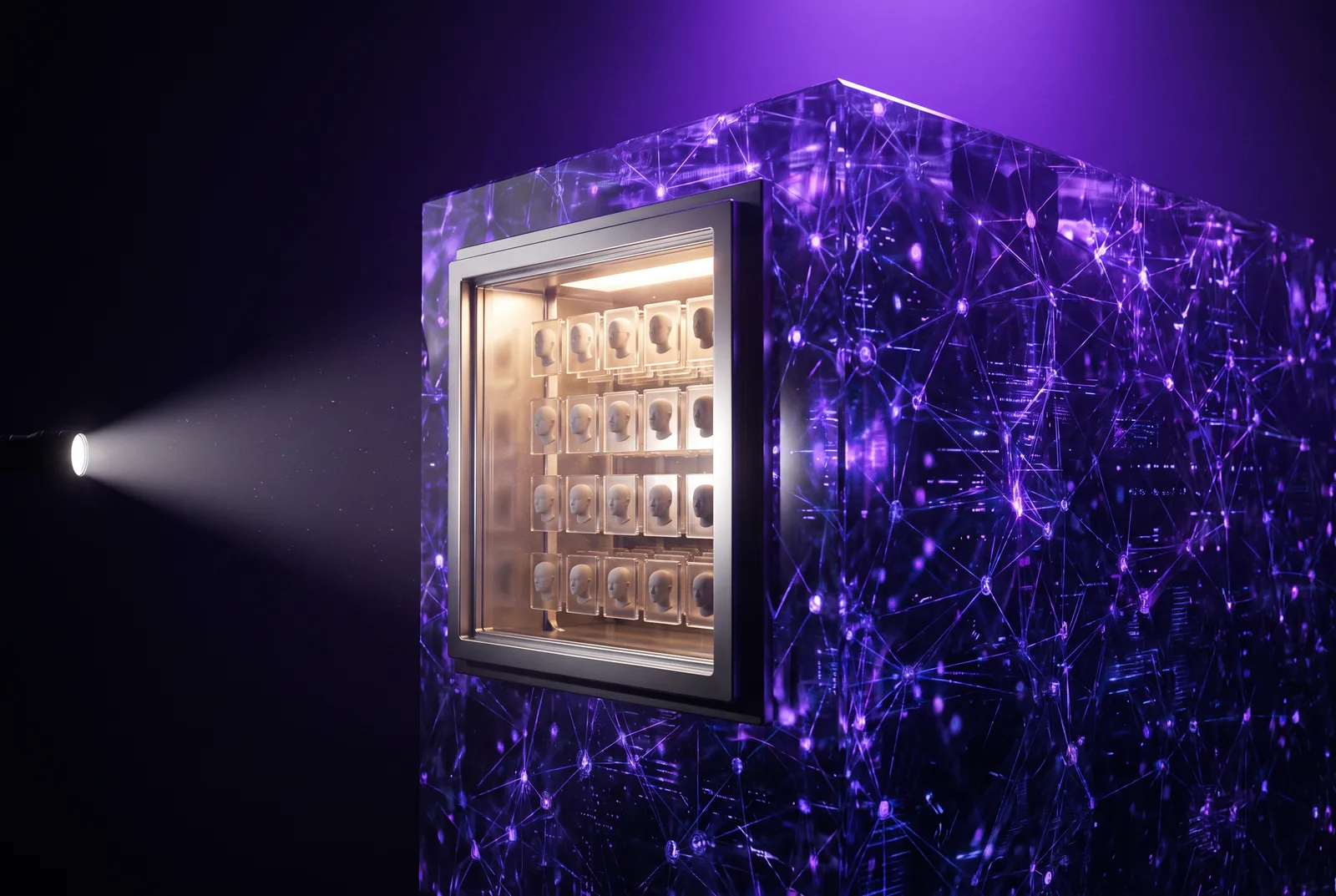 A dense crystalline neural lattice with a bright rectangular inspection window cut into its side, revealing rows of face-tile cards embedded inside, lit by a beam of light.