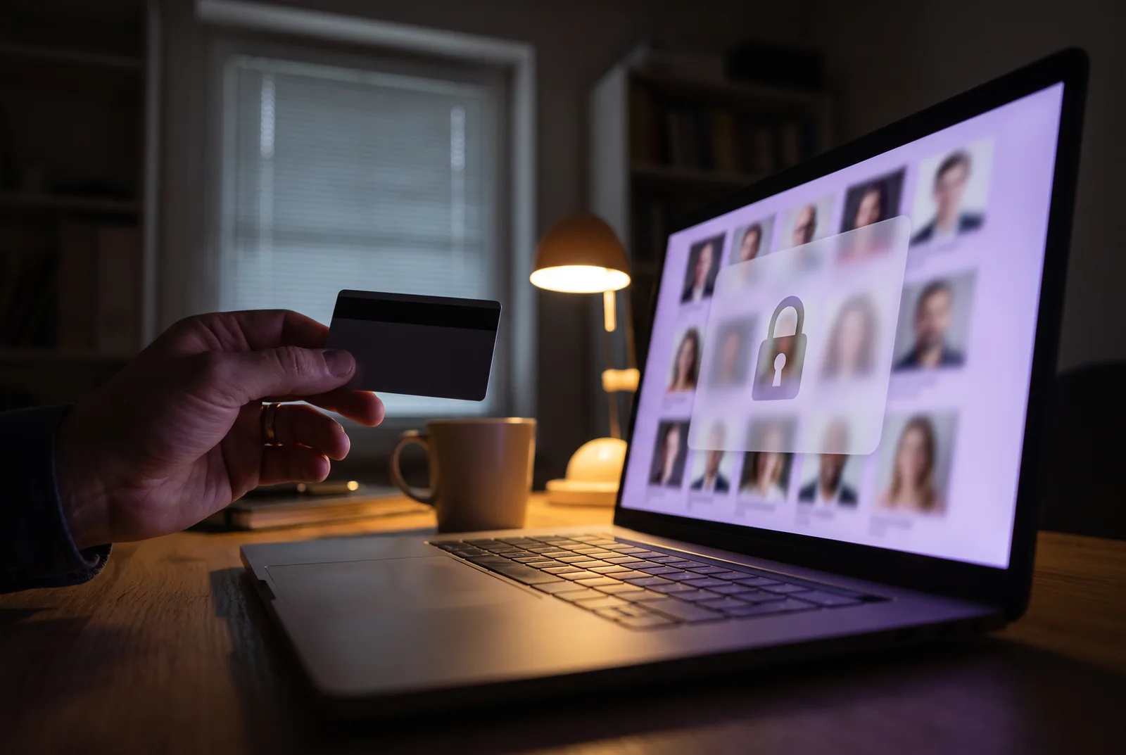 A dim home office at night. A hand holds a blank payment card toward a laptop whose screen glows violet, showing a grid of blurred portrait thumbnails behind a frosted paywall panel with a padlock shape.