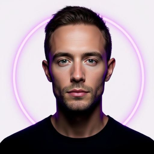 A studio portrait photo of a person inside a glowing ring.
