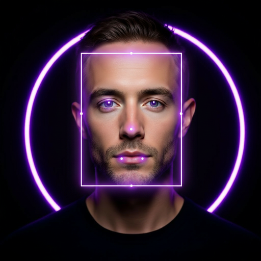 The same face with a purple detection box and landmark dots on the eyes, nose and mouth.