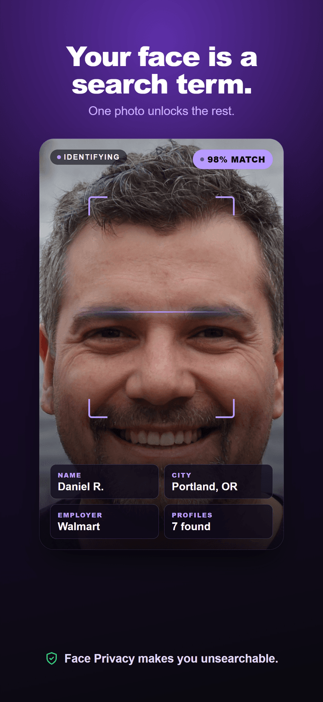 FacePrivacy iOS app — a face being matched against search results